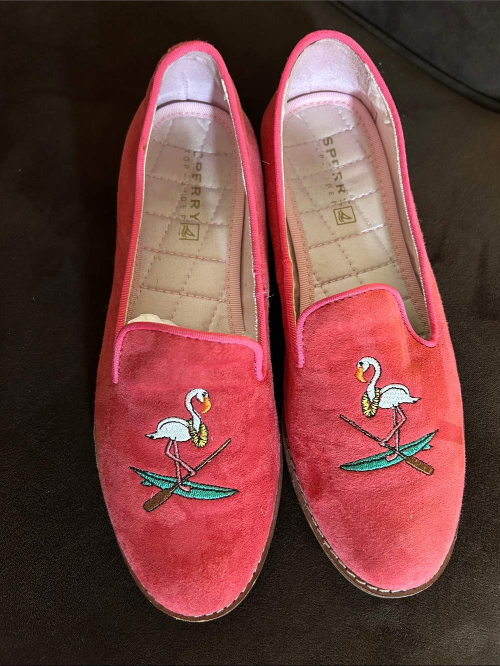 Sperry Coral Suede Flamingo Embroidered Loafers, 6.5, great condition